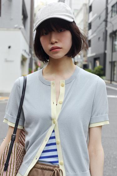 CONTRAST KNIT SHORT SLEEVE JACKET - Mid-grey by Zara