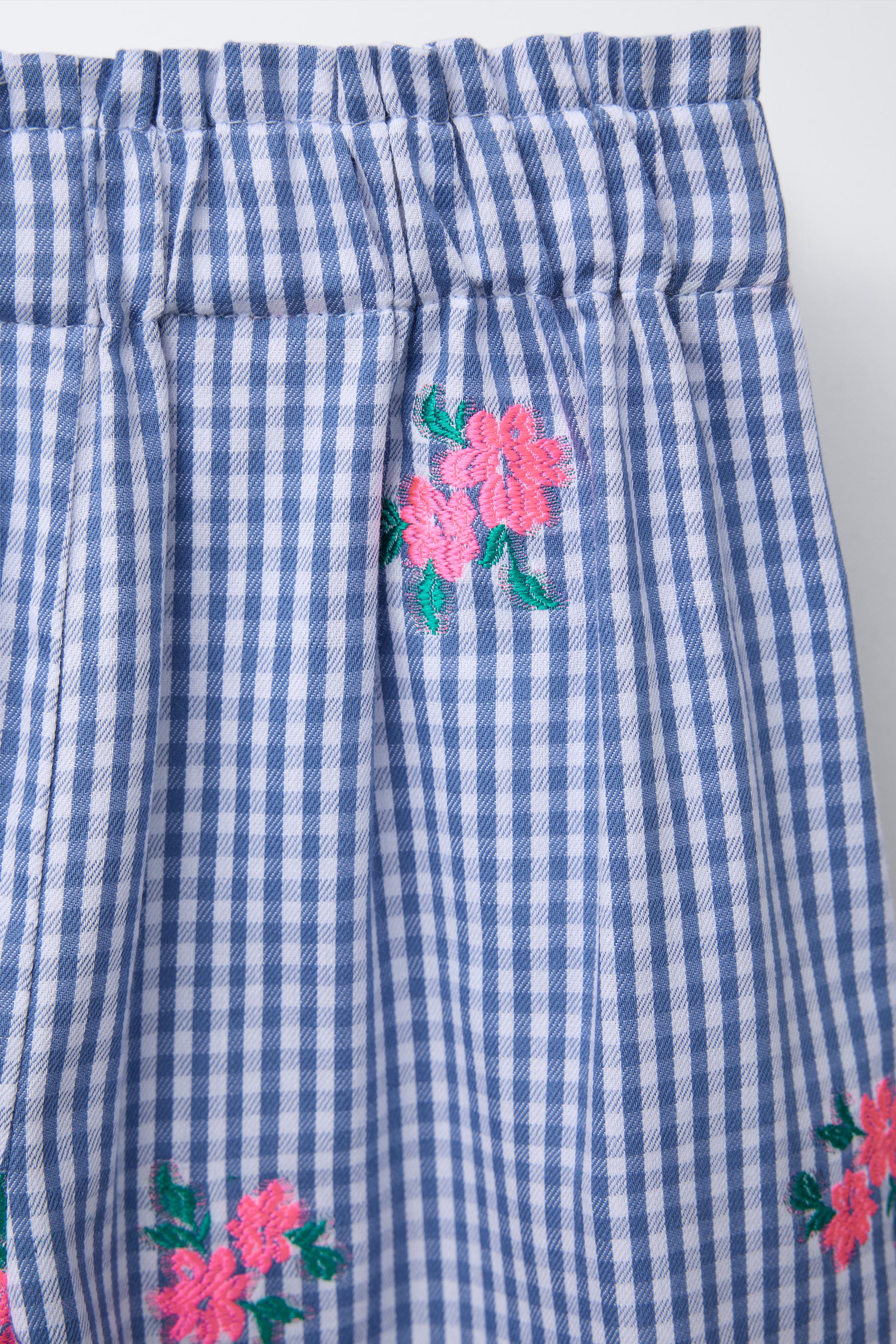 チェック柄と花柄刺繍入りキュロットパンツ - ブルー | ZARA