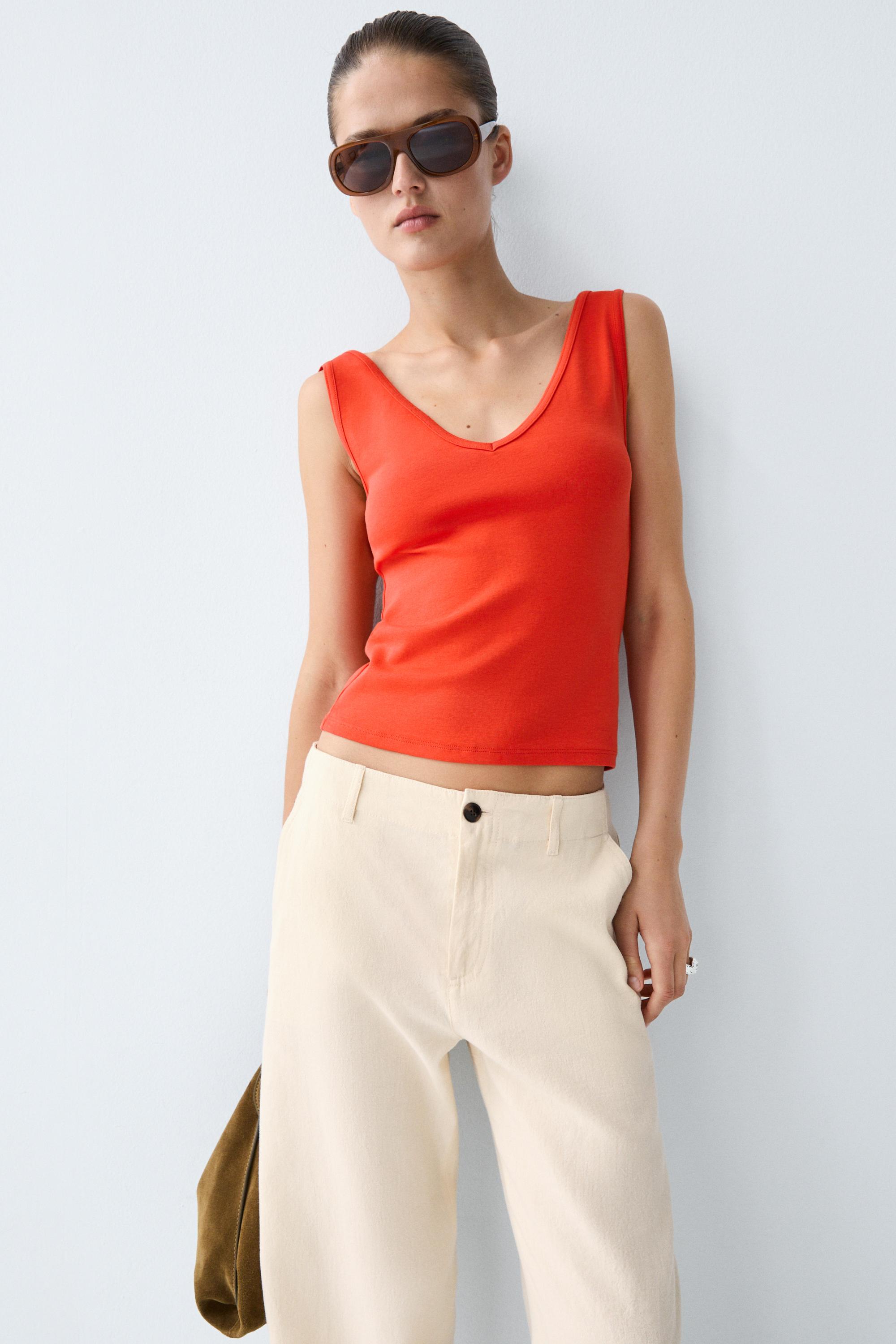 Cotton blend strappy top — Orange