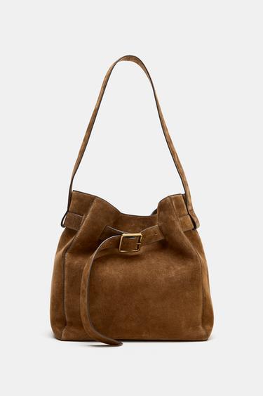 Zara LEATHER BUCKET BAG WITH BELT DETAIL - Brown