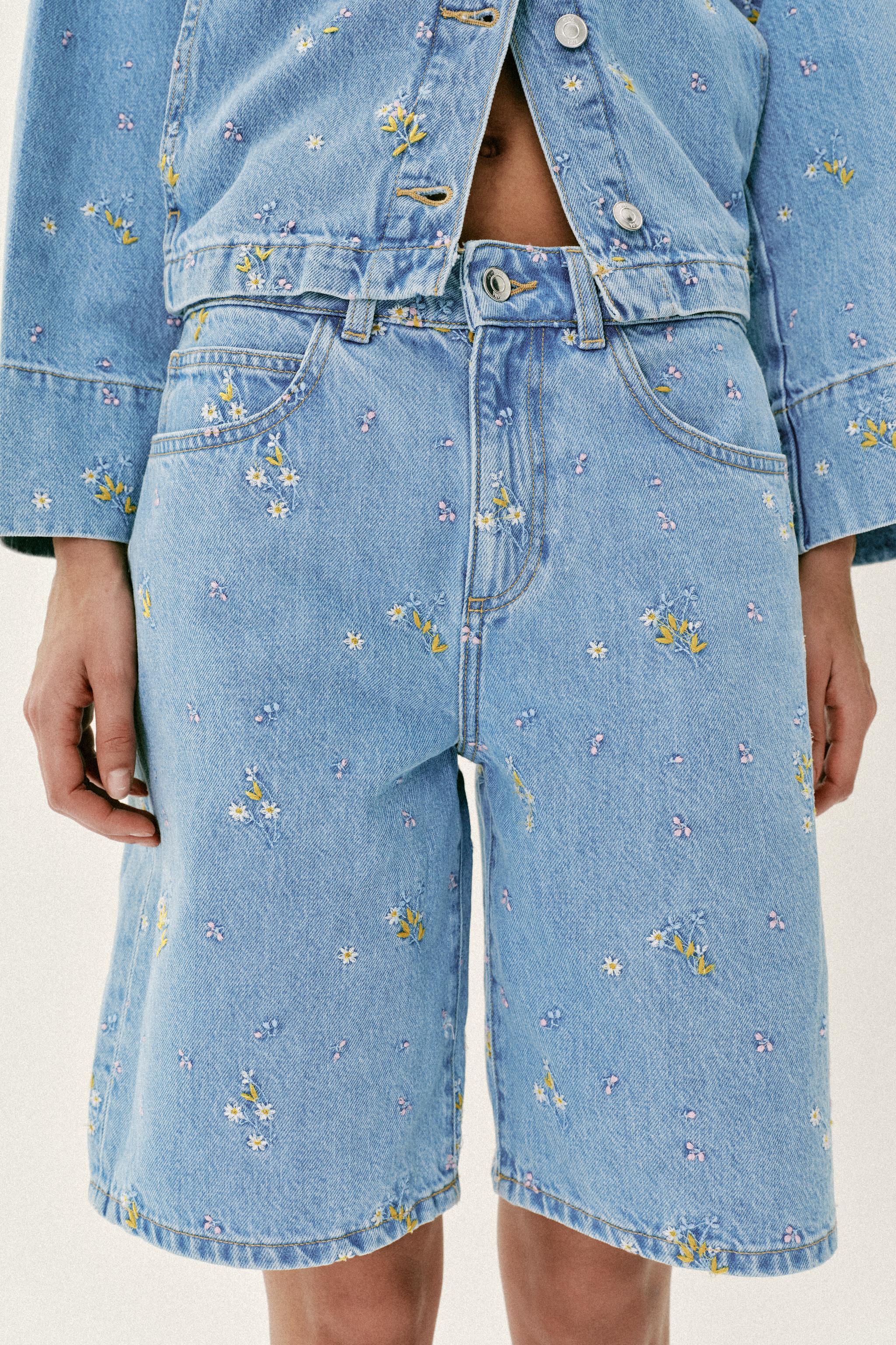 Z1975 EMBROIDERED FLORAL DENIM SHORTS SET - Mid-blue | ZARA United