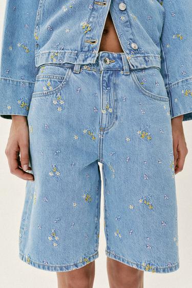 Zara Z1975 EMBROIDERED FLORAL DENIM SHORTS SET - Mid-blue