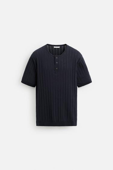 BUTTON-NECK KNIT T-SHIRT - Navy blue by Zara - Image 6