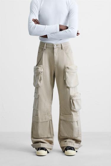 Zara DENIM CARGO PANTS WITH POCKETS - taupe brown