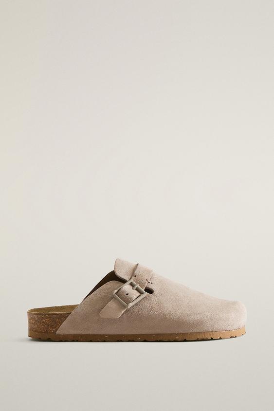 LEATHER CLOGS WITH BUCKLE AND TOPSTITCHING DETAIL - Taupe Grey by Zara - Image 0