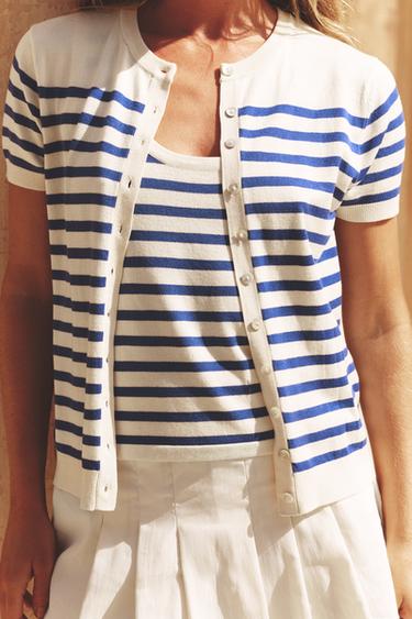 STRIPED KNIT SHORT SLEEVE CARDIGAN - Ecru / Blue by Zara - Image 1