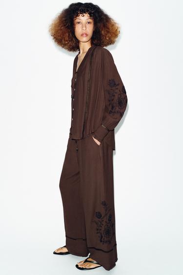 EMBROIDERED LACE TRIM SHIRT - Brown by Zara - Image 3