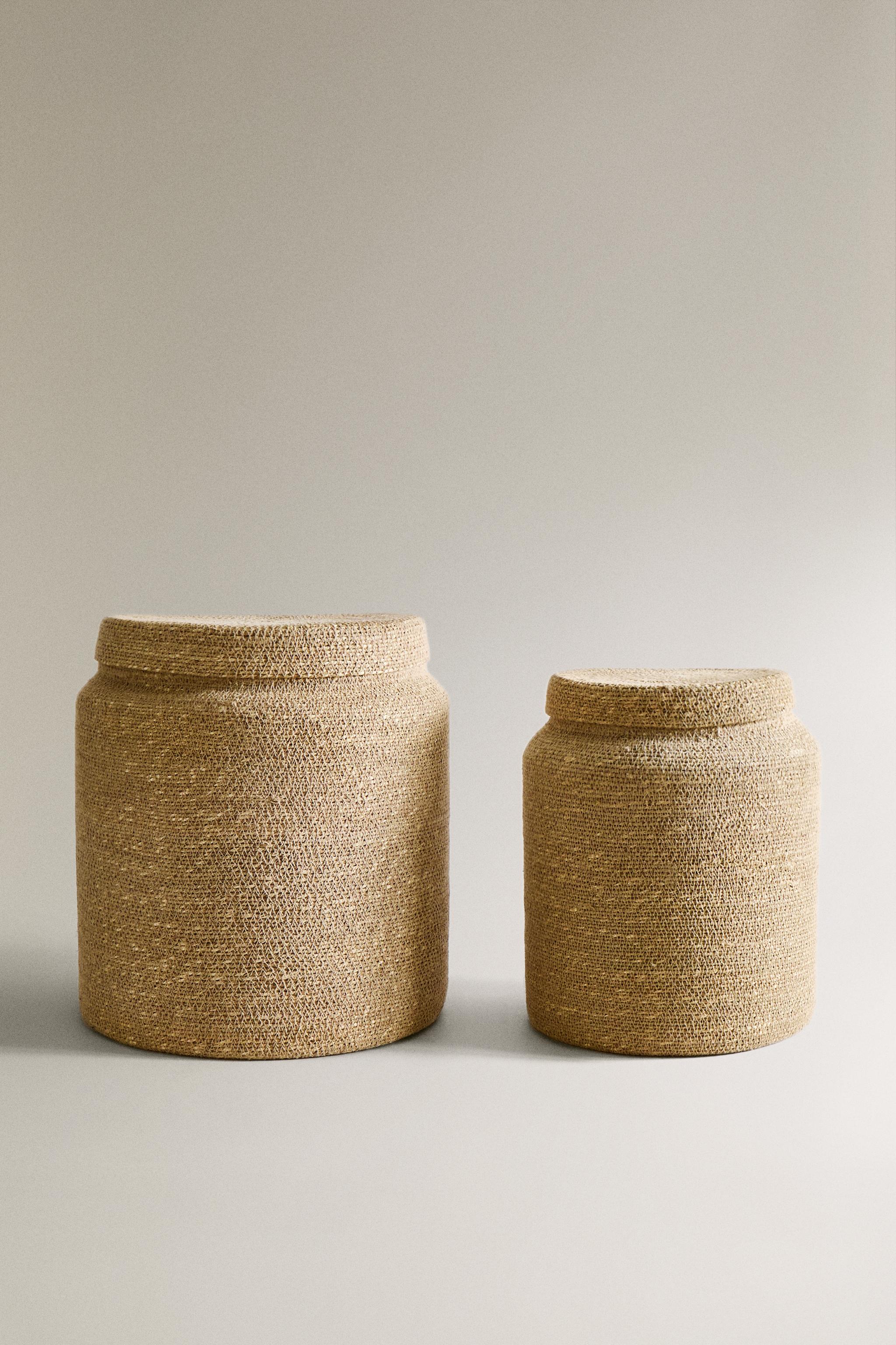 SEAGRASS BASKET WITH LID — Light beige