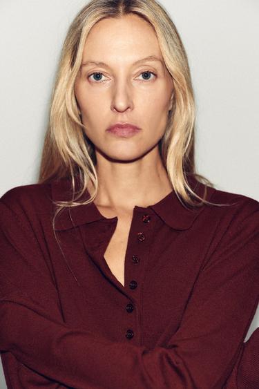 PLAIN KNIT POLO SHIRT - Burgundy by Zara - Image 4