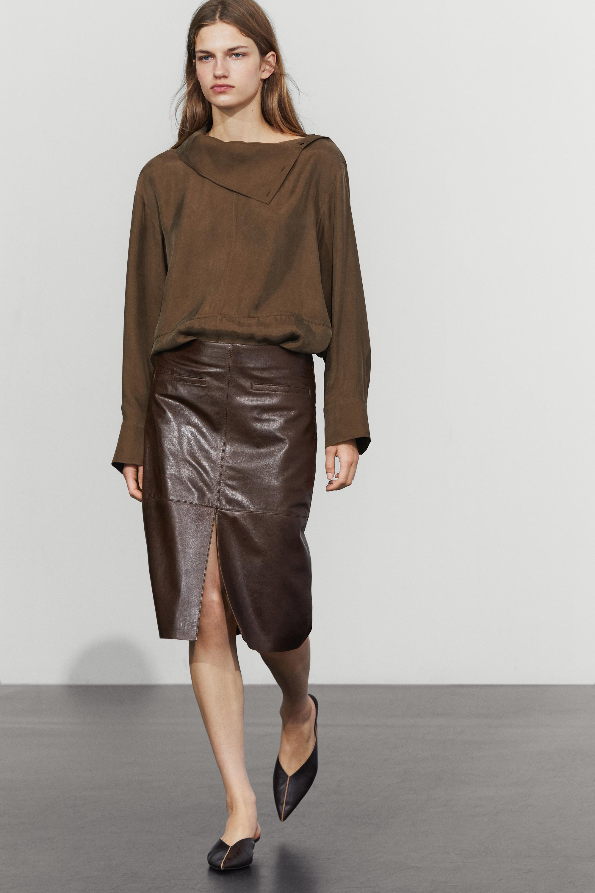 Leather midi skirt with pockets