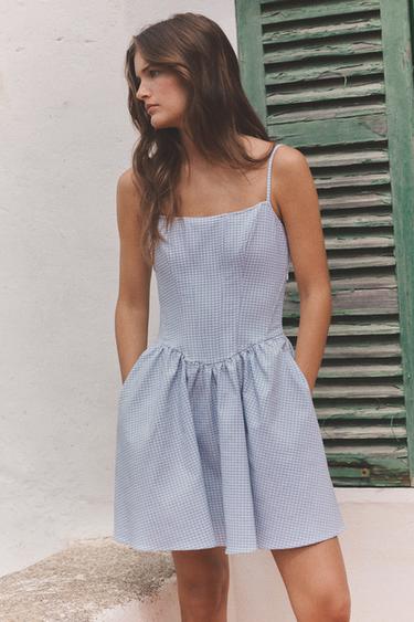 VOLUMINOUS GINGHAM CORSET DRESS - Blue/White by Zara