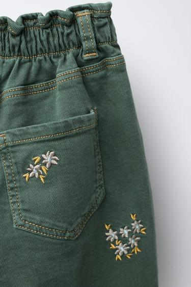 EMBROIDERED FLORAL TWILL BAGGY TROUSERS - Green by Zara - Image 3