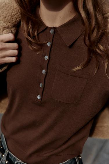 PULL POLO AVEC LAINE ET POCHE - chocolat de Zara - Image 4
