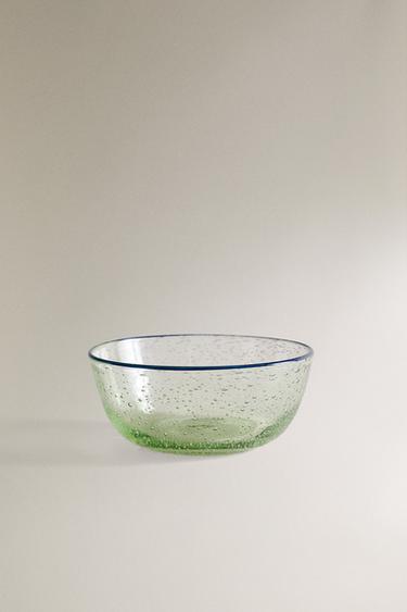 BUBBLE-EFFECT EDGE GLASS BOWL - Green by Zara