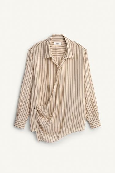 STRIPED VISCOSE-SILK WRAP SHIRT - Sand by Zara