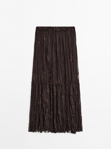 Zara Long pleated skirt with embroidered detail - Chocolate