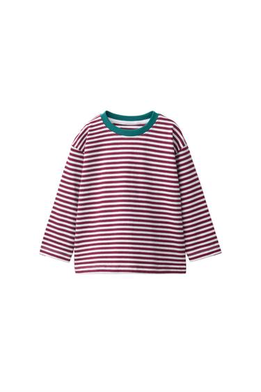 STRIPED CONTRAST COLLAR T-SHIRT - White / Maroon by Zara