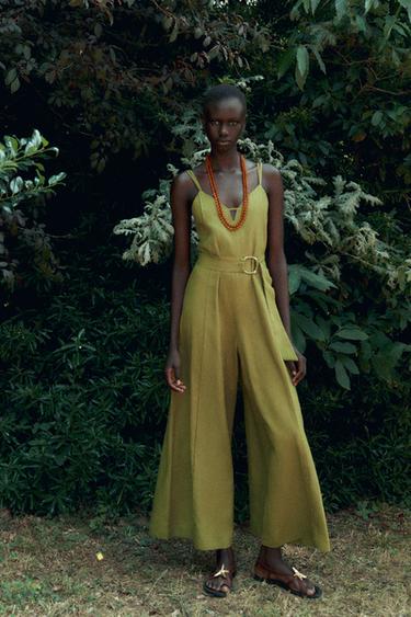 Zara WIDE-LEG STRAPPY LINEN JUMPSUIT - Oil