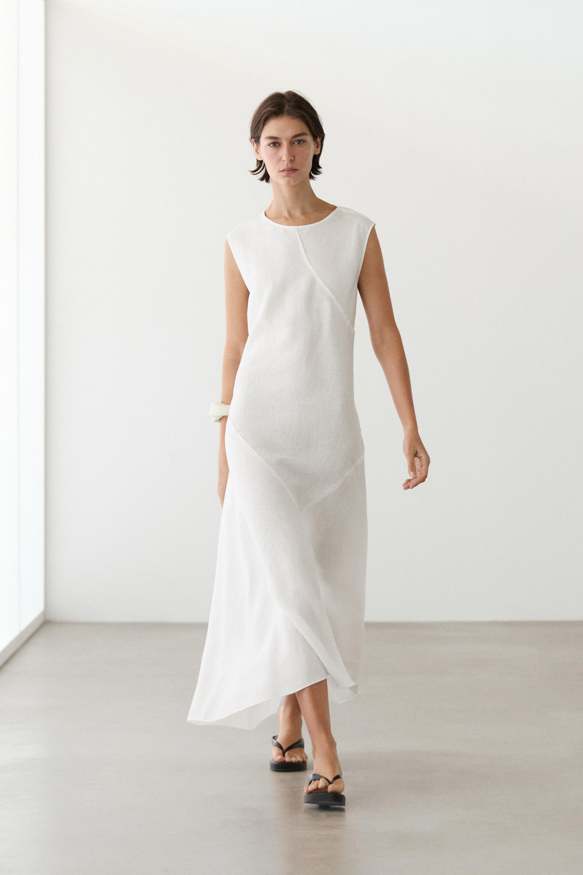 Flowing 100% linen midi dress — White