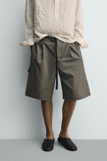 RELAXED WIDE-LEG CARGO BERMUDA SHORTS - Dark tan by Zara
