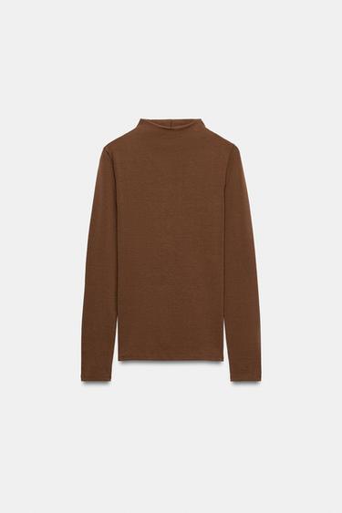 Zara MOCK NECK T-SHIRT - Brown