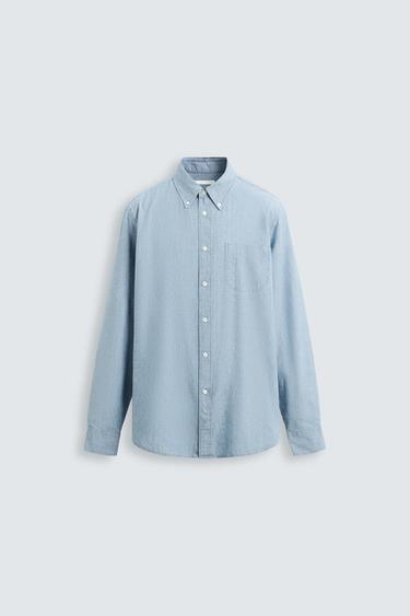 Zara TEXTURED CHAMBRAY SHIRT - Light blue