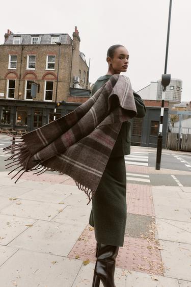 Zara PLAID FRINGED SCARF - taupe brown
