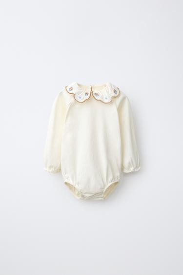 EMBROIDERED FLOWER PETER PAN COLLAR BODYSUIT — Light ecru 1