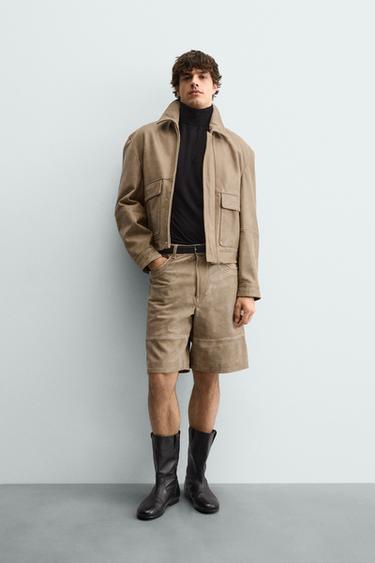 RELAXED FIT FADED LEATHER JACKET - Beige by Zara - Image 0