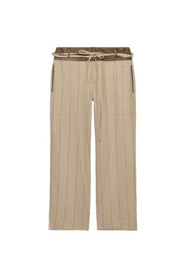 PANTALÓN LINO COMBINADO ZW COLLECTION - Camel medio de Zara