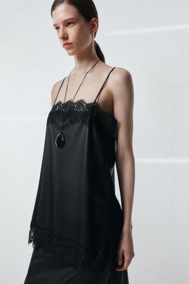 TOP EFECTO PIEL ENCAJE ZW COLLECTION - Negro de Zara