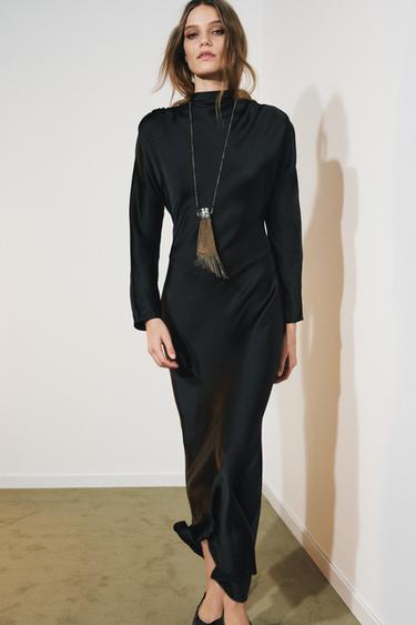 Zara DRAPED SATIN EFFECT DRESS - Black - Image 0