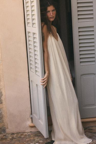 Zara LONG TEXTURED STRAP JUMPSUIT - Stone