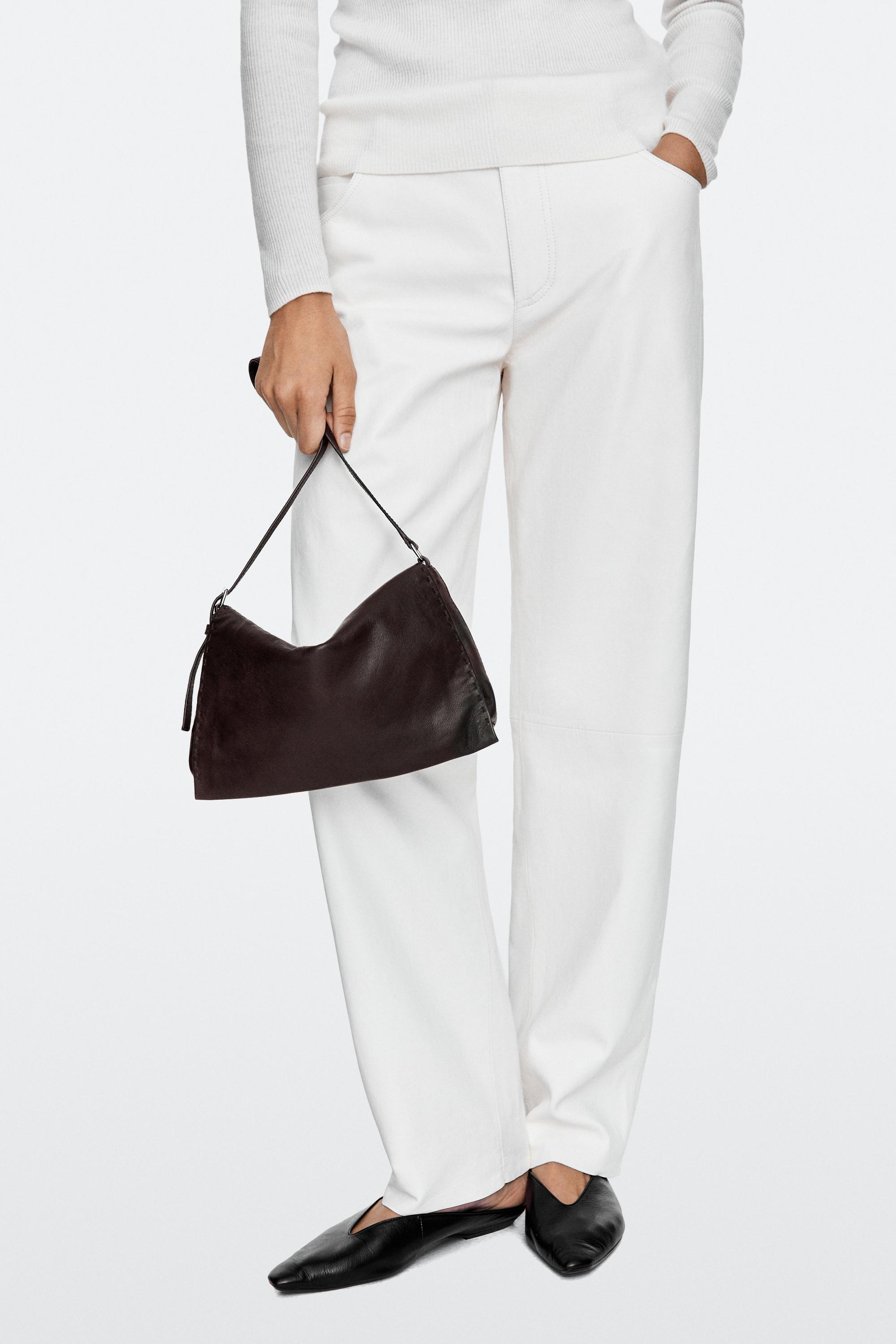 Nappa leather crossbody bag with topstitching — Brown