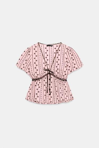 EMBROIDERED TOP WITH BOW - Pink by Zara - Image 5