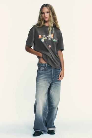 WASHED-EFFECT T-SHIRT WITH PRINTED PATCHES - Anthracite grey by Zara - Image 0