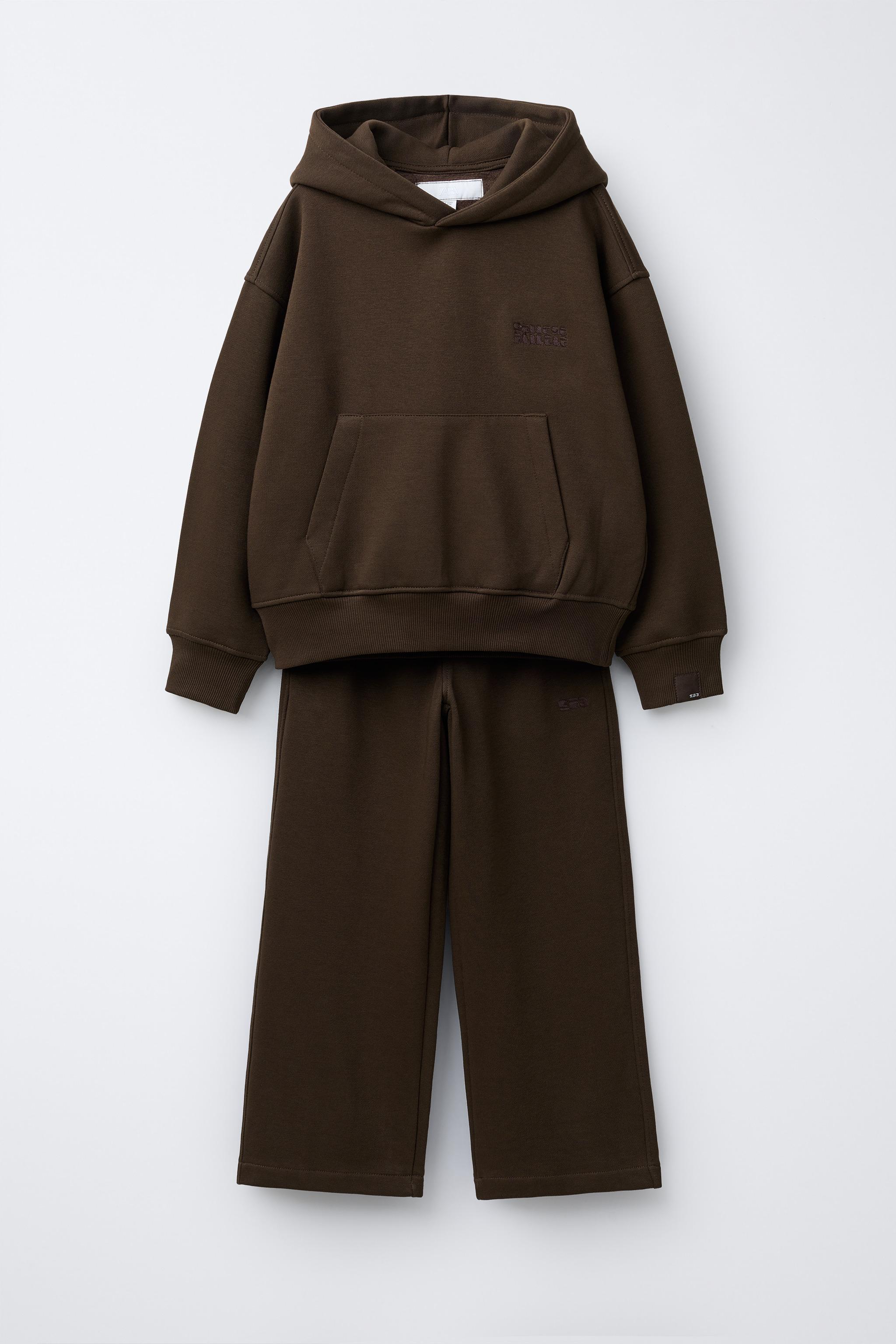 EMBROIDERED HOODIE AND WIDE-LEG TROUSERS SET - Brown | ZARA Turkey