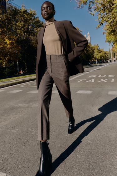 Zara 格紋高腰及踝長褲 - 棕色