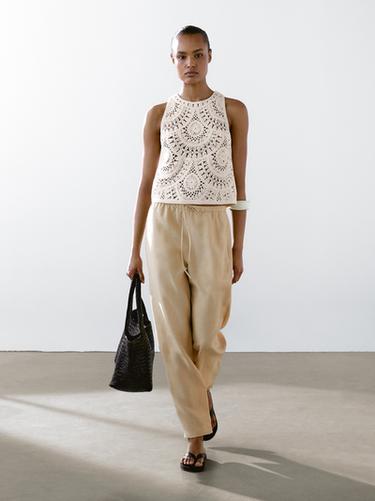 Zara Flowing linen blend barrel fit trousers - Sand - Image 0
