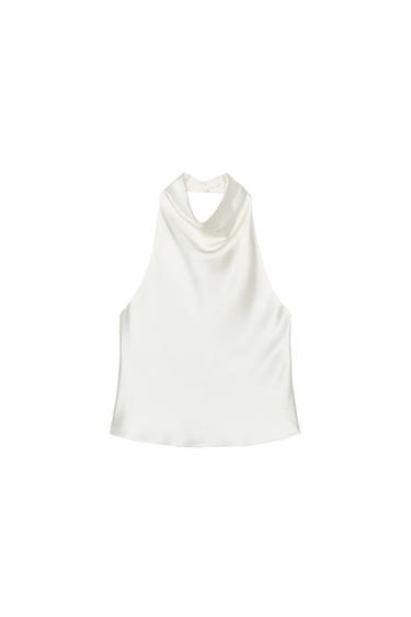 Zara SATIN EFFECT HALTER TOP - Ecru
