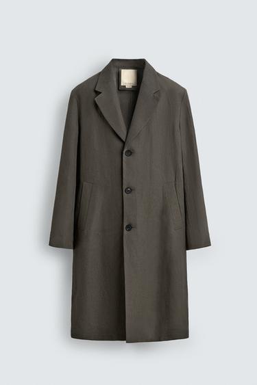 Zara 100%亞麻長版外套 - 灰綠色