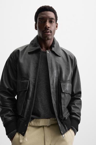 BLOUSON EN CUIR À POCHES - Noir de Zara - Image 4