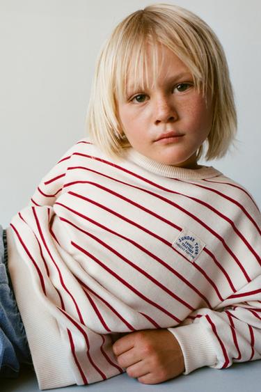 Zara STRIPED SWEATSHIRT WITH LABEL - White / Red