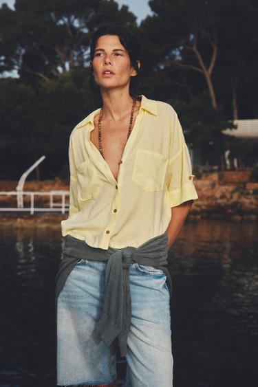 Zara LINEN BLEND CROPPED SHIRT - Yellow