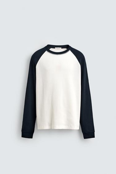 COLOUR BLOCK WAFFLE-KNIT T-SHIRT - Navy / White by Zara