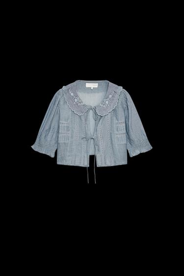 Zara EMBROIDERED CROP SHIRT - Blue / Gray - Image 0