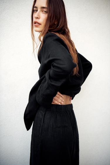 ZW COLLECTION 100% LINEN POCKET SHIRT - Black by Zara