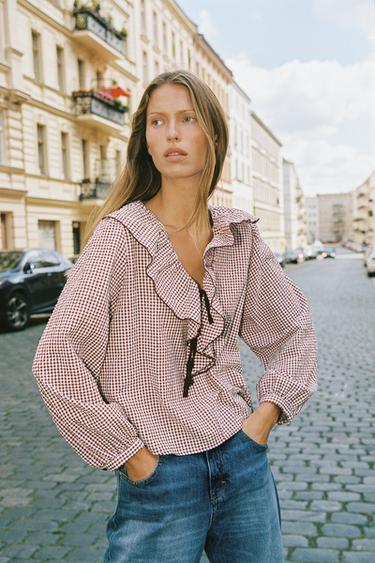BLUSA OLANES CUADRO VICHY - burdeos/crudo de Zara