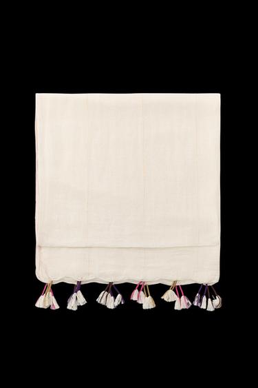 Zara LINEN SCARF WITH POM POMS - Ecru - Image 0