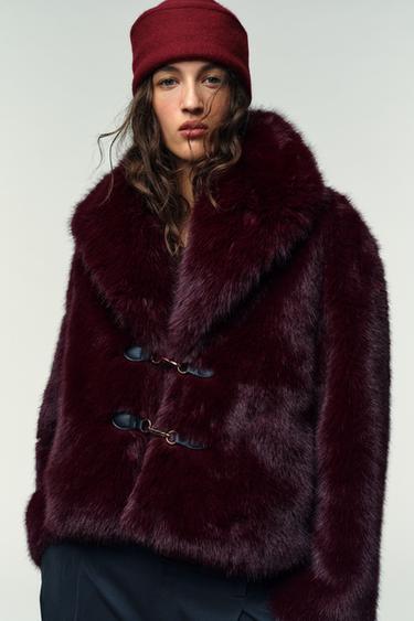 SHORT FAUX FUR COAT WITH FIREMAN CLASPS - Burgundy by Zara